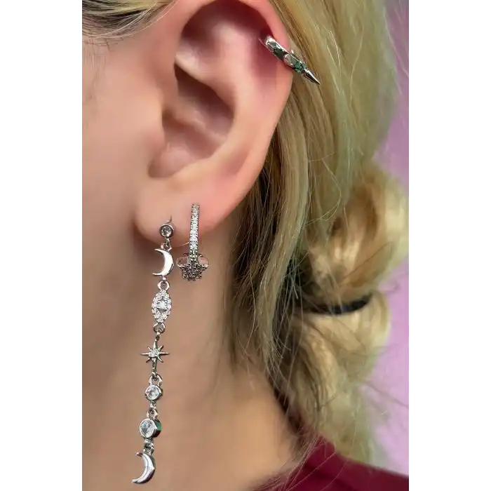 Gümüş Renk Ay Ve Yıldız Figürlü Taş Detaylı VİP 3lü YSX Küpe Set