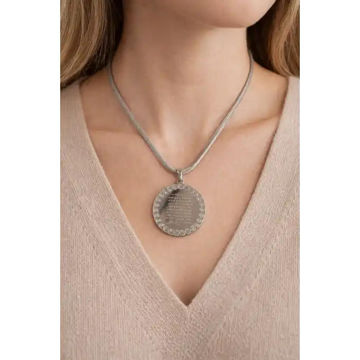 Gümüş Renk Ayet Yazılı Çelik Kolye