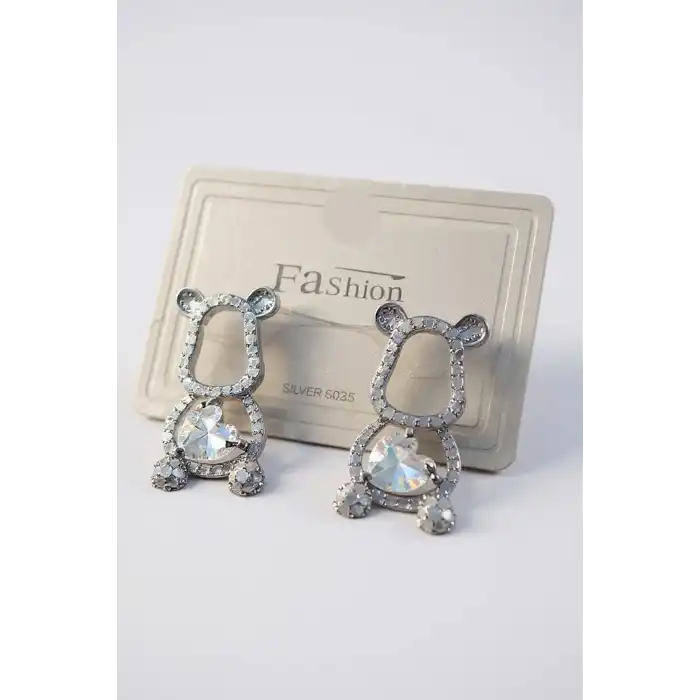 Gümüş Renk Ayıcık Figürlü Taş Detaylı 14K Altın Kaplama Küpe (Çift)