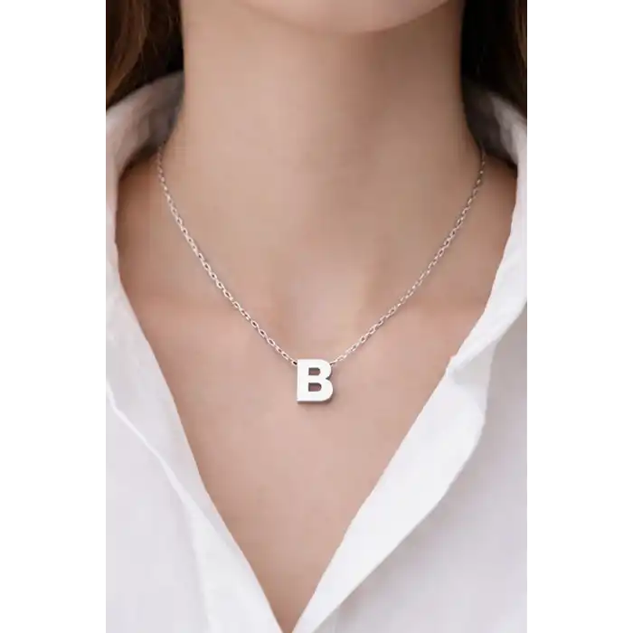Gümüş Renk B Harf Çelik Kolye