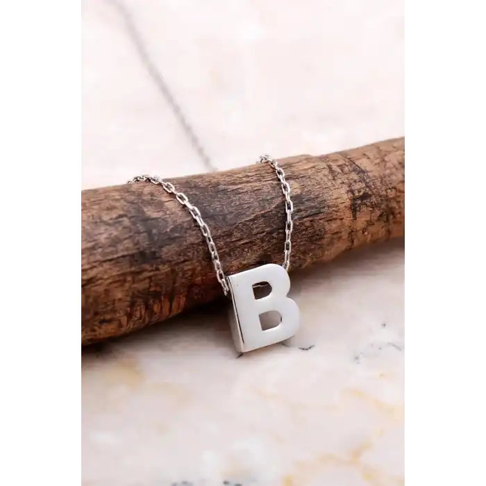 Gümüş Renk B Harf Çelik Kolye