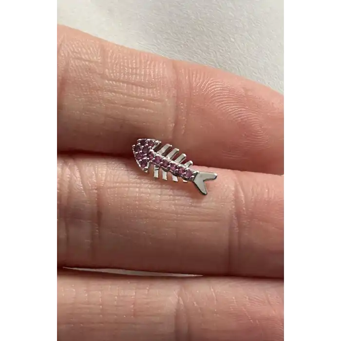 Gümüş Renk Balık Figürlü Taş Detaylı Cerrahi Çelik Tragus/Kıkırdak Küpe/Piercing (Tek)