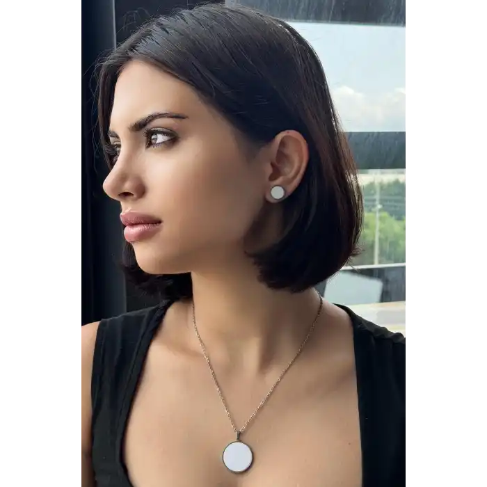 Gümüş Renk Beyaz Taş Detaylı Küpe Ve Kolye Set