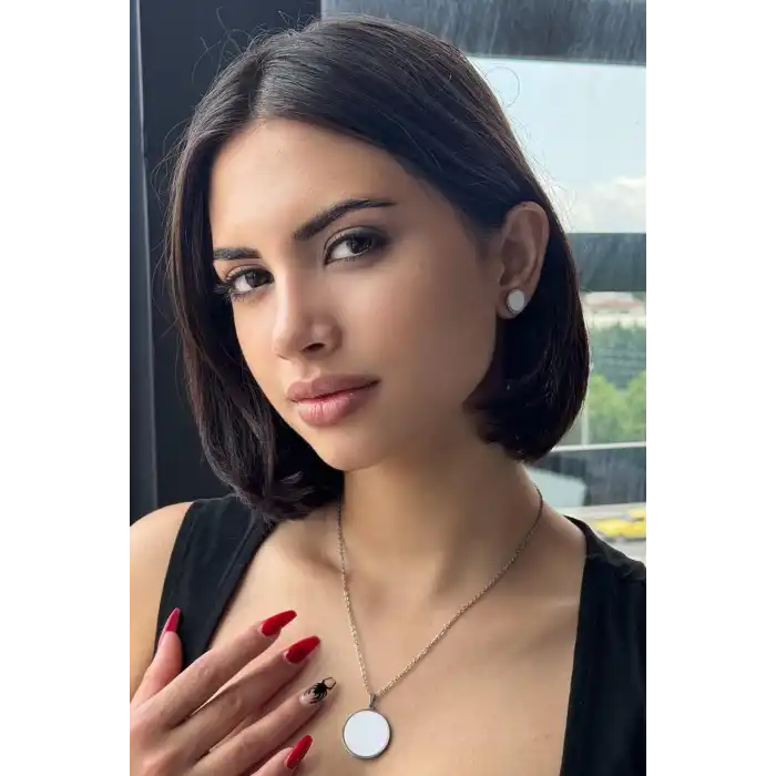 Gümüş Renk Beyaz Taş Detaylı Küpe Ve Kolye Set