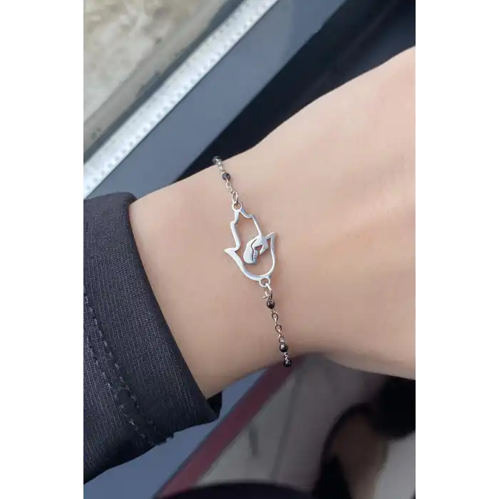 Gümüş Renk Boncuk Detaylı Çelik Bileklik