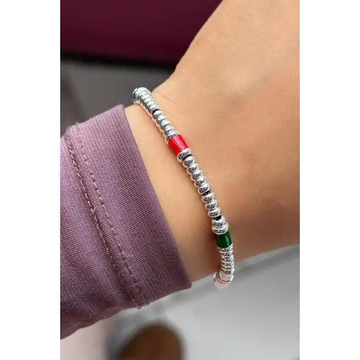 Gümüş Renk Boncuk Detaylı Çelik Bileklik