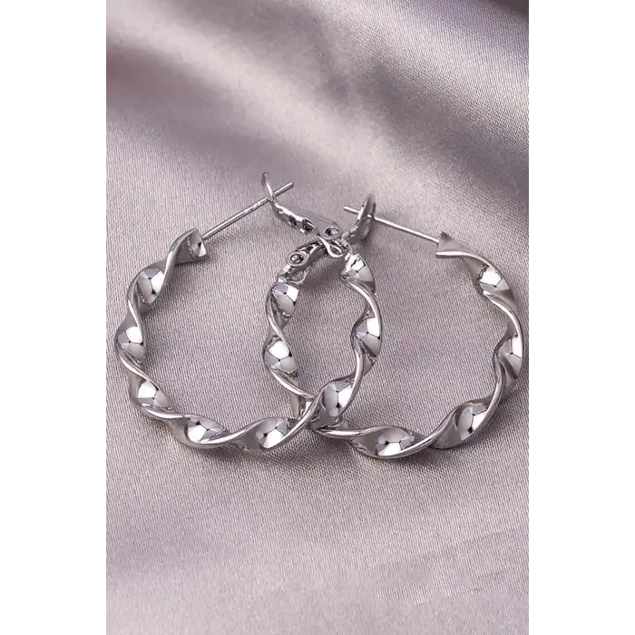 Gümüş Renk Burgu Detaylı 30Mm Halka Küpe (Çift)