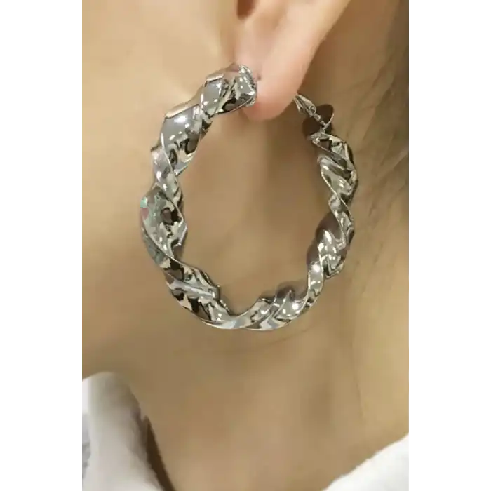Gümüş Renk Burgu Detaylı 35Mm Halka Küpe (Çift)