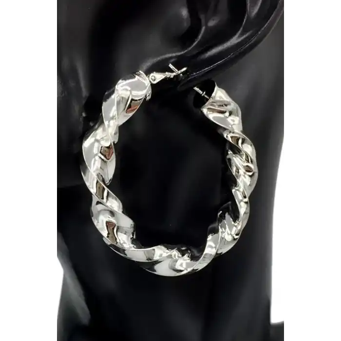 Gümüş Renk Burgu Detaylı 35Mm Halka Küpe (Çift)