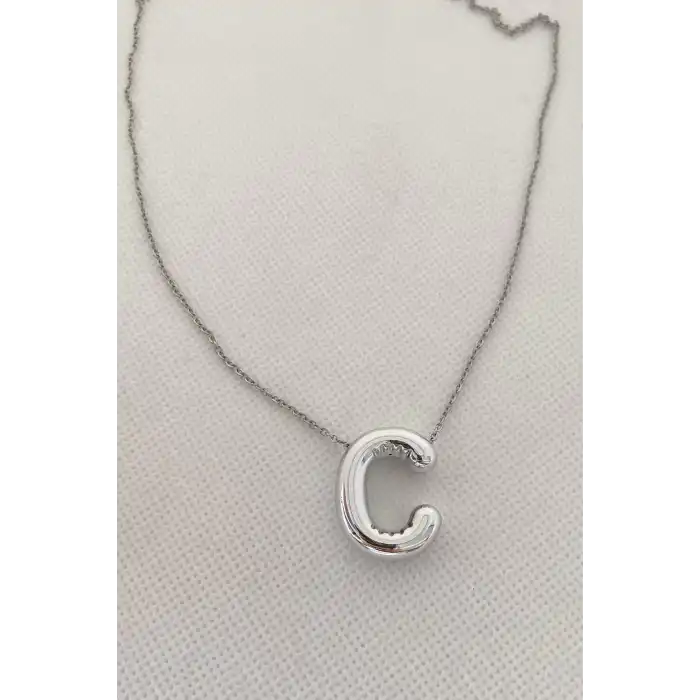 Gümüş Renk C Harf Balon Çelik Kolye