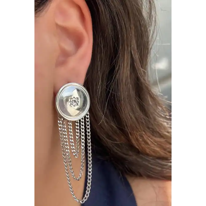 Gümüş Renk Çelik Sallantılı Küpe (Çift)