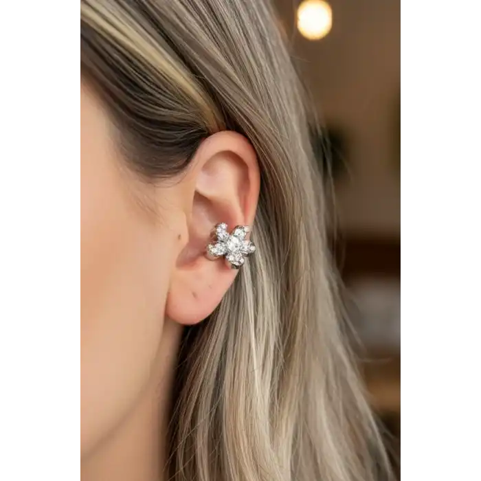 Gümüş Renk Çiçek Figürlü 14K Altın Kaplama TX Ear Cuff (Tek)