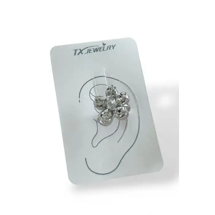 Gümüş Renk Çiçek Figürlü 14K Altın Kaplama TX Ear Cuff (Tek)