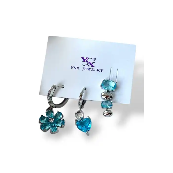 Gümüş Renk Çiçek Figürlü Mavi Taş Detaylı VİP 3lü YSX Küpe Set