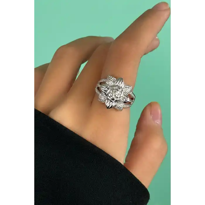 Gümüş Renk Çiçek Figürlü Metal Ayarlanabilir Yüzük