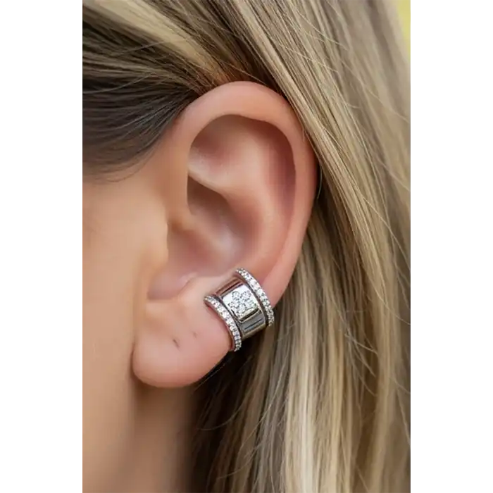 Gümüş Renk Çiçek Figürlü Taş Detaylı 14K Altın Kaplama TX Ear Cuff (Tek)