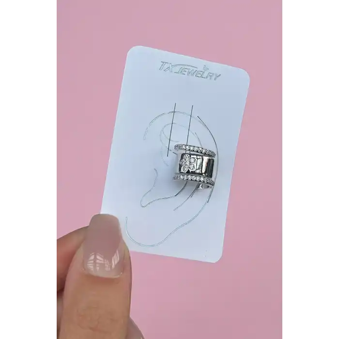 Gümüş Renk Çiçek Figürlü Taş Detaylı 14K Altın Kaplama TX Ear Cuff (Tek)