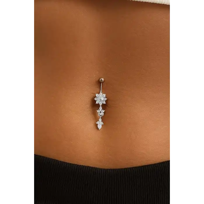 Gümüş Renk Çiçek Figürlü Taş Detaylı Cerrahi Çelik Göbek Piercing