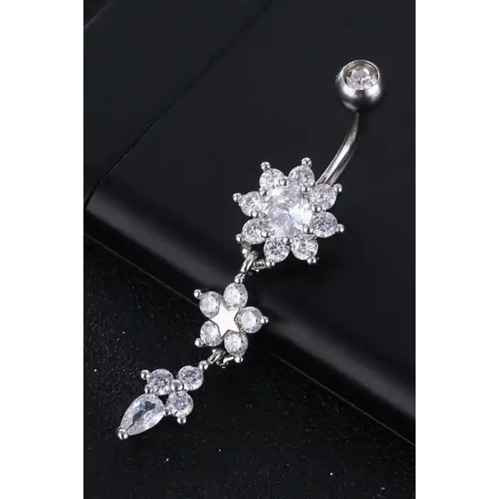 Gümüş Renk Çiçek Figürlü Taş Detaylı Cerrahi Çelik Göbek Piercing