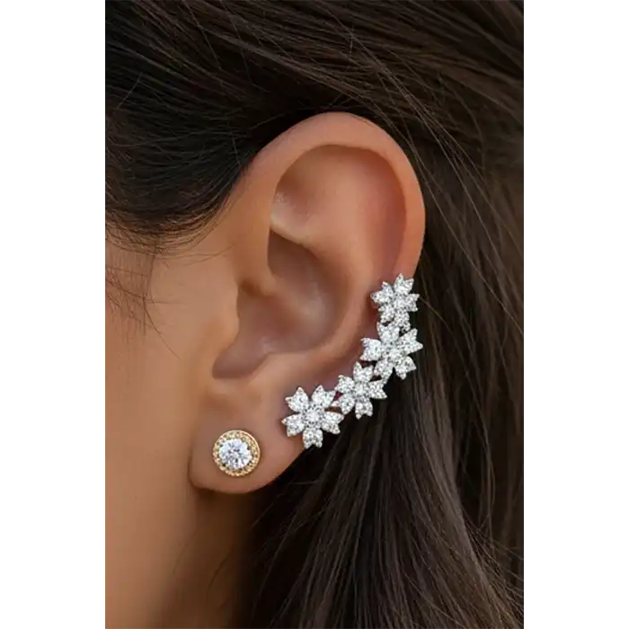 Gümüş Renk Çiçek Figürlü Taş Detaylı Ear Cuff (Tek)