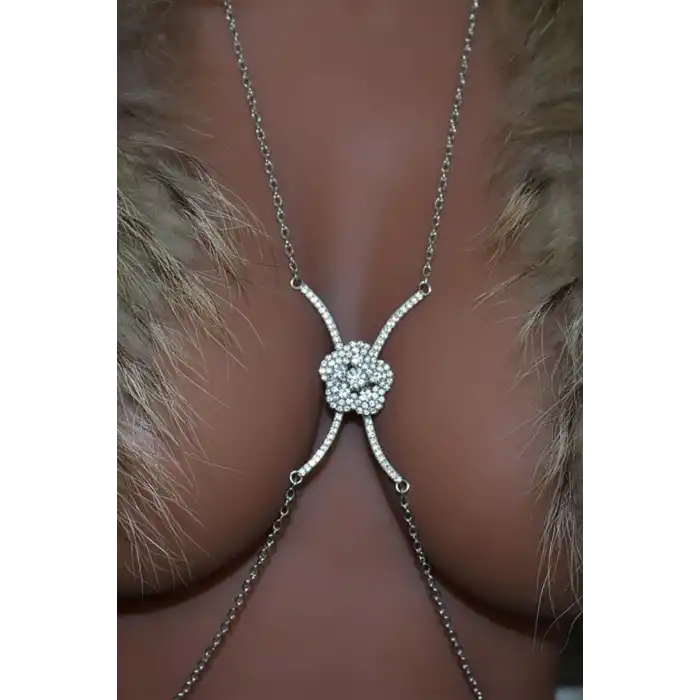 Gümüş Renk Çiçek Figürlü Taş Detaylı Tasarım Vücut Aksesuar