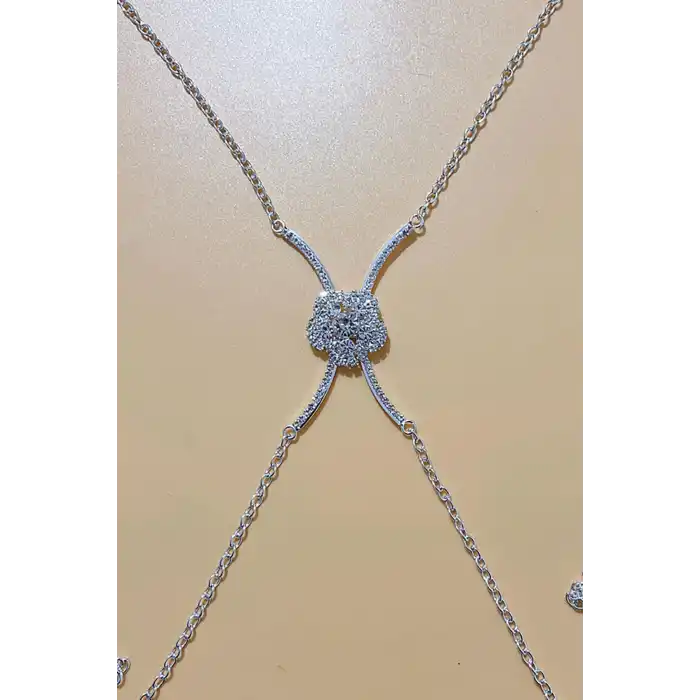 Gümüş Renk Çiçek Figürlü Taş Detaylı Tasarım Vücut Aksesuar