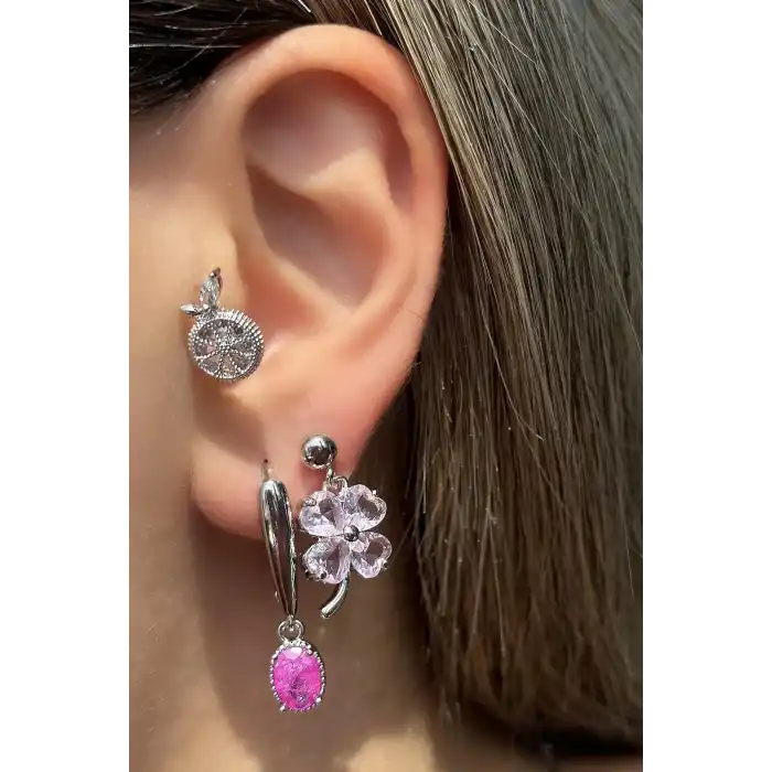 Gümüş Renk Çiçek Figürlü Taş Detaylı VİP 3lü YSX Küpe Set