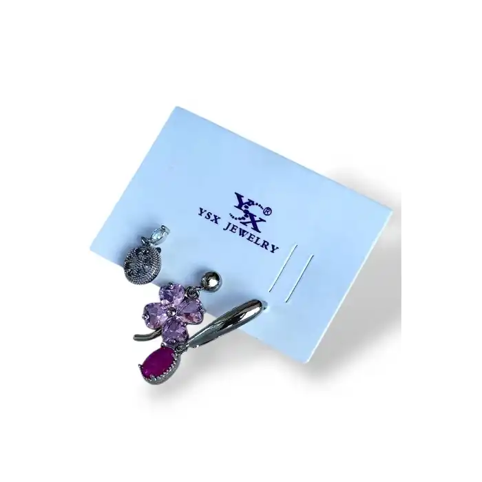 Gümüş Renk Çiçek Figürlü Taş Detaylı VİP 3lü YSX Küpe Set