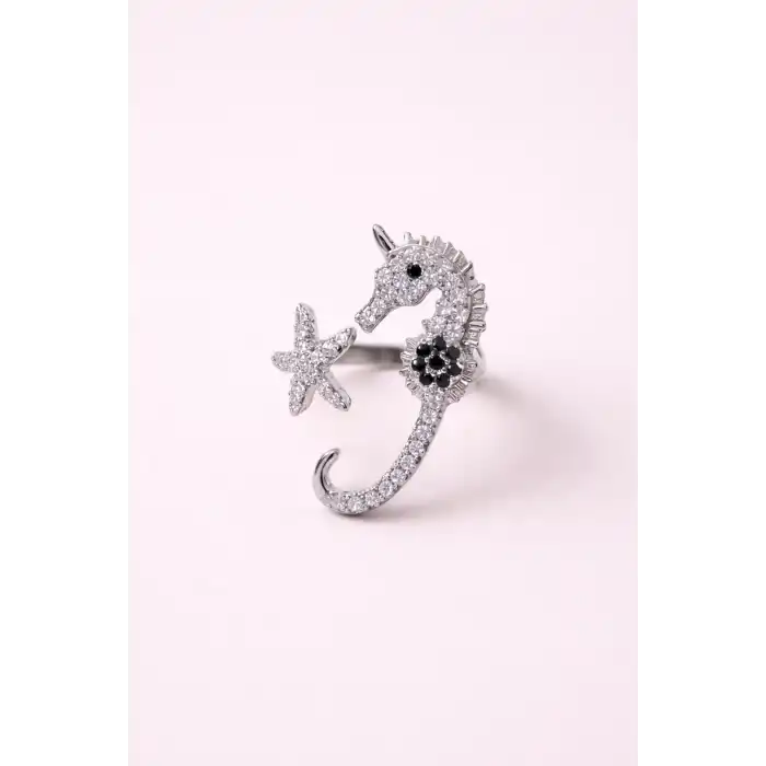Gümüş Renk Deniz Atı Figürlü Ayarlanabilir Yüzük