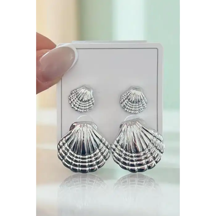 Gümüş Renk Deniz Kabuğu Figürlü Küpe Set