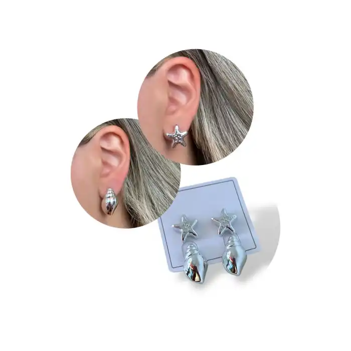 Gümüş Renk Deniz Kabuğu Ve Yıldız Figürlü Küpe Set