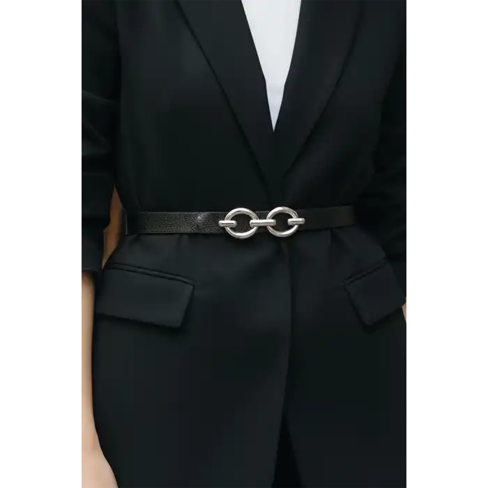 Gümüş Renk Deri Detaylı Kadın Kemer