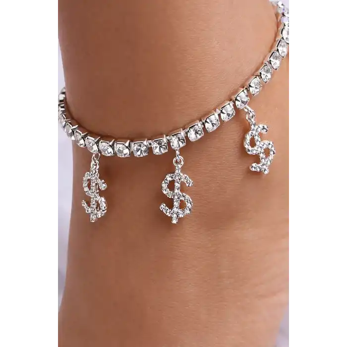 Gümüş Renk Dolar Figürlü Taş Detaylı Tasarım Halhal