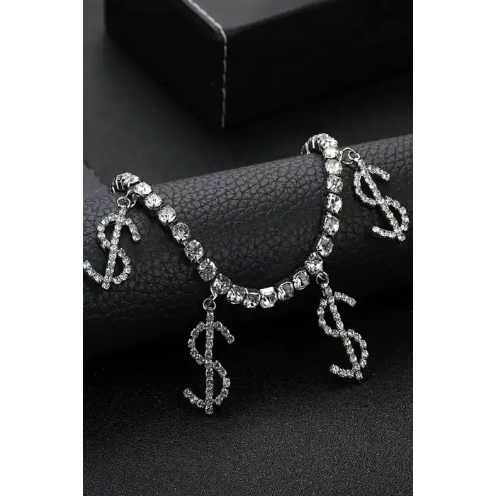 Gümüş Renk Dolar Figürlü Taş Detaylı Tasarım Halhal