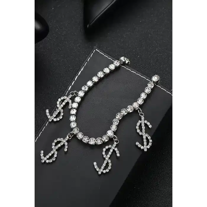 Gümüş Renk Dolar Figürlü Taş Detaylı Tasarım Halhal