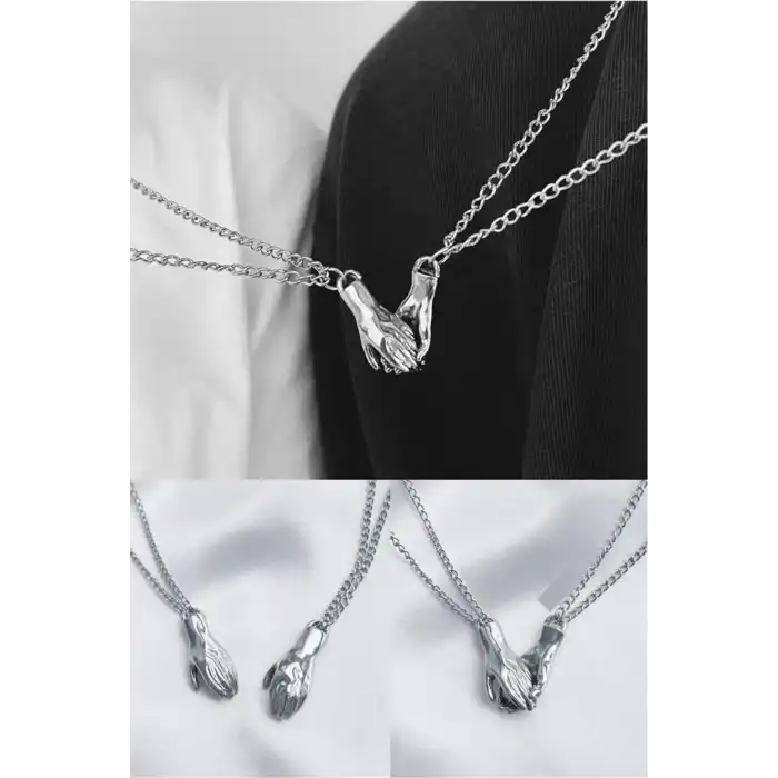 Gümüş Renk El Detaylı Mıknatıslı Çelik Sevgili/Arkadaş Kolyesi