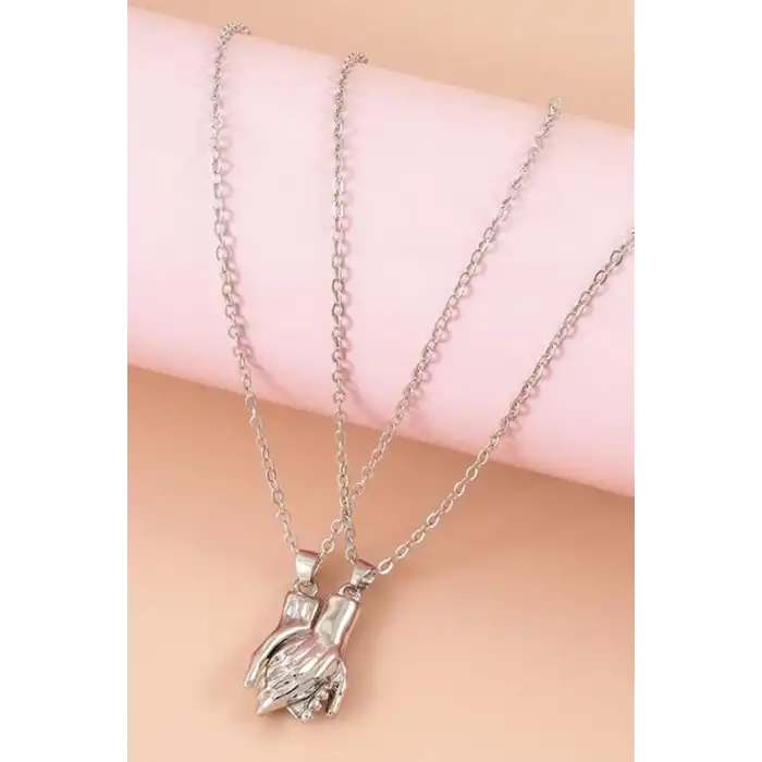 Gümüş Renk El Detaylı Mıknatıslı Çelik Sevgili/Arkadaş Kolyesi