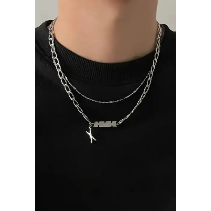 Gümüş Renk Erkek İkili Zincir Çelik Kolye