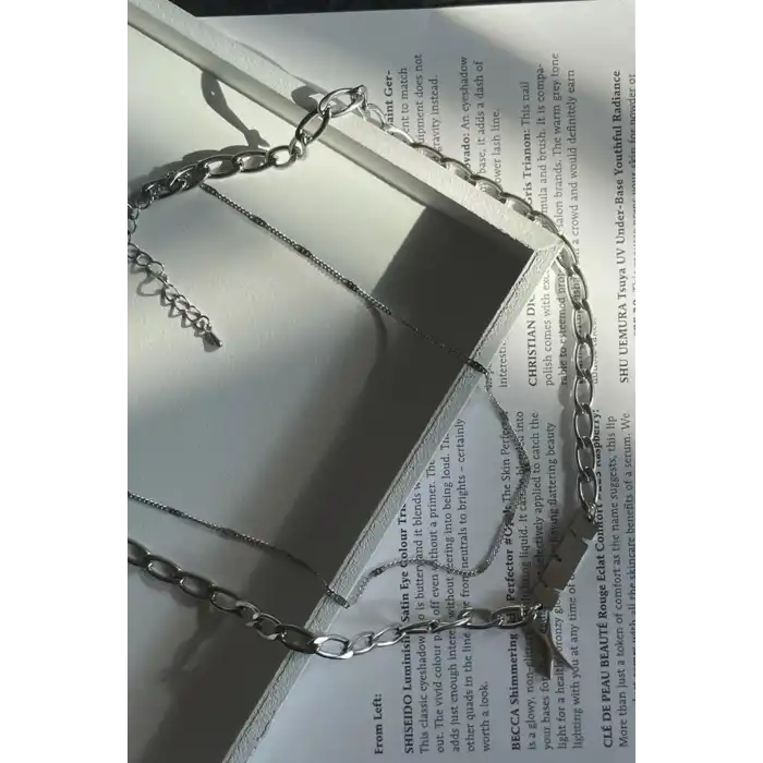 Gümüş Renk Erkek İkili Zincir Çelik Kolye