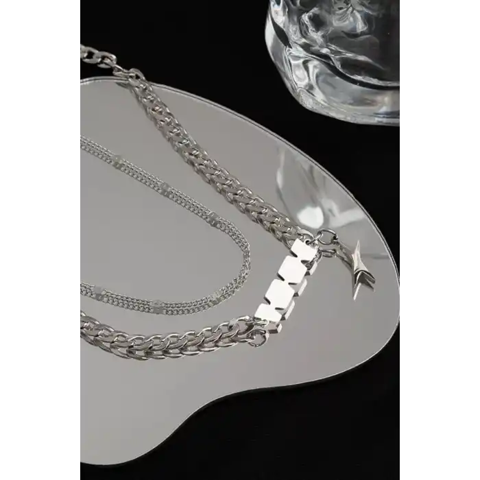 Gümüş Renk Erkek İkili Zincir Çelik Kolye