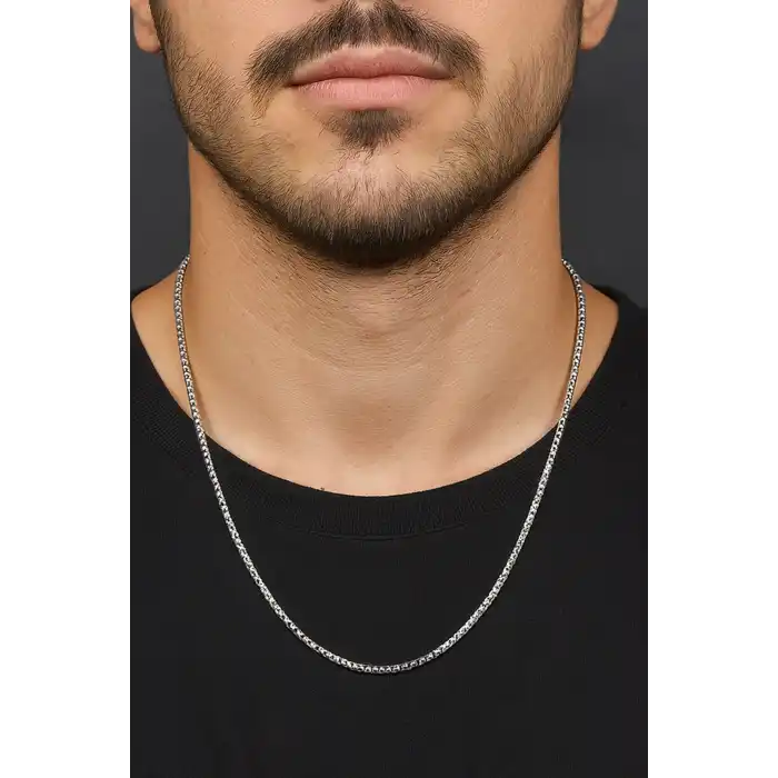 Gümüş Renk Erkek Zincir Çelik Kolye (60cm)