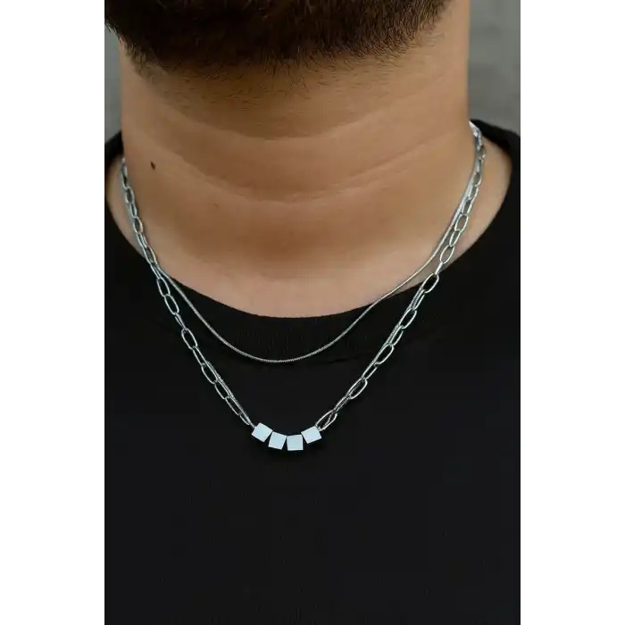 Gümüş Renk Erkek Zincir Çoklu Çelik Kolye (55cm)