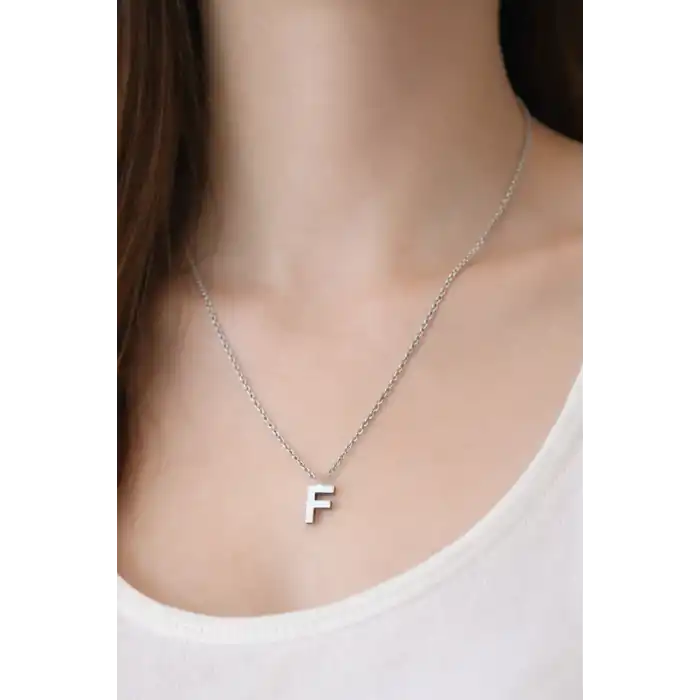 Gümüş Renk F Harf Çelik Kolye