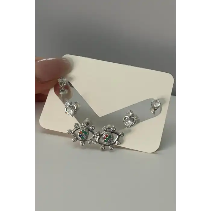Gümüş Renk Göz Figürlü 6lı Küpe Set