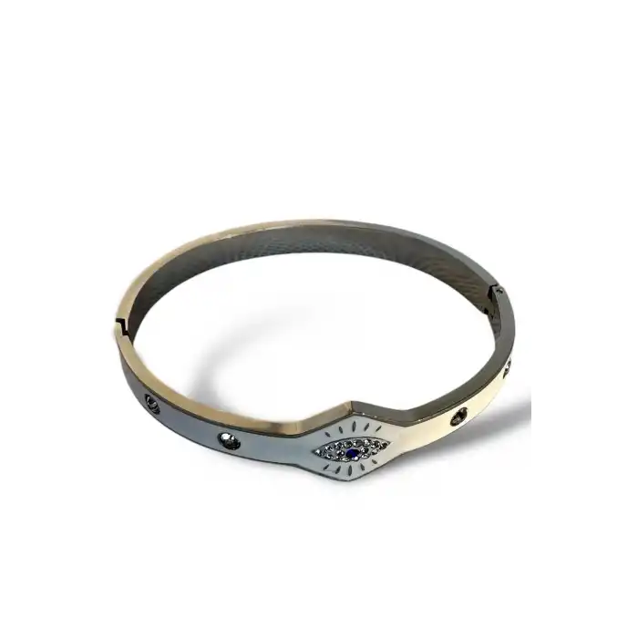 Gümüş Renk Göz Figürlü Çelik Kelepçe Bileklik