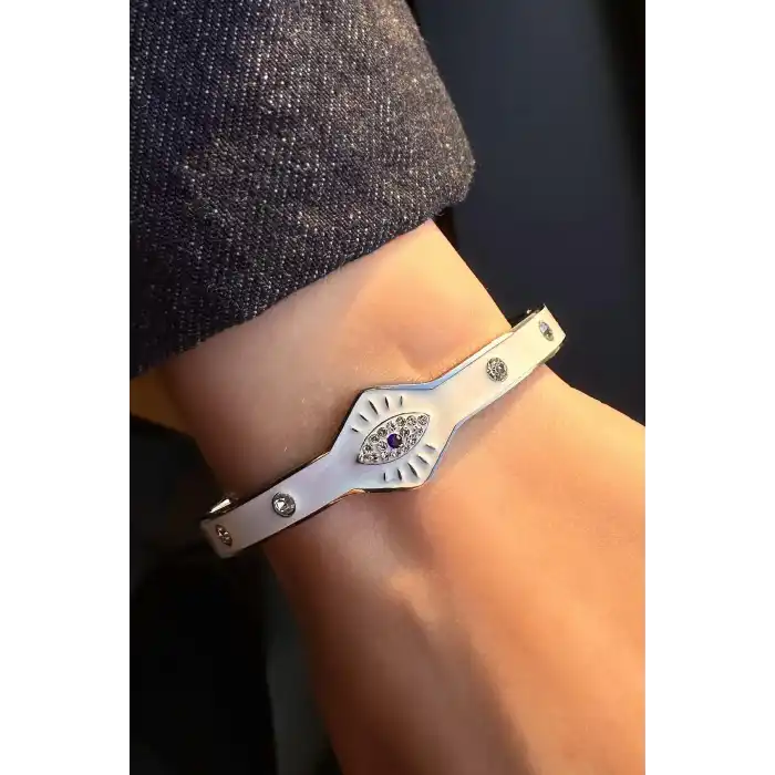 Gümüş Renk Göz Figürlü Çelik Kelepçe Bileklik