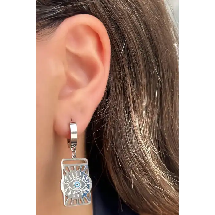 Gümüş Renk Göz Figürlü Çelik Küpe (Çift)