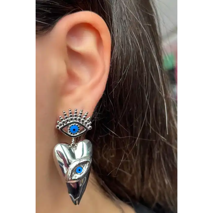 Gümüş Renk Göz Figürlü Çelik Küpe (Çift)