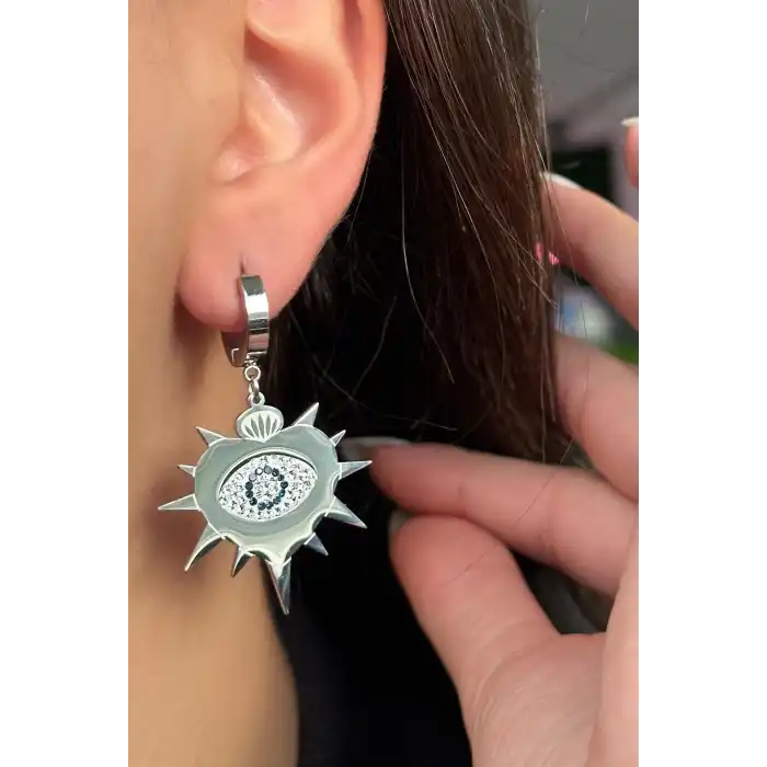 Gümüş Renk Göz Figürlü Çelik Küpe (Çift)