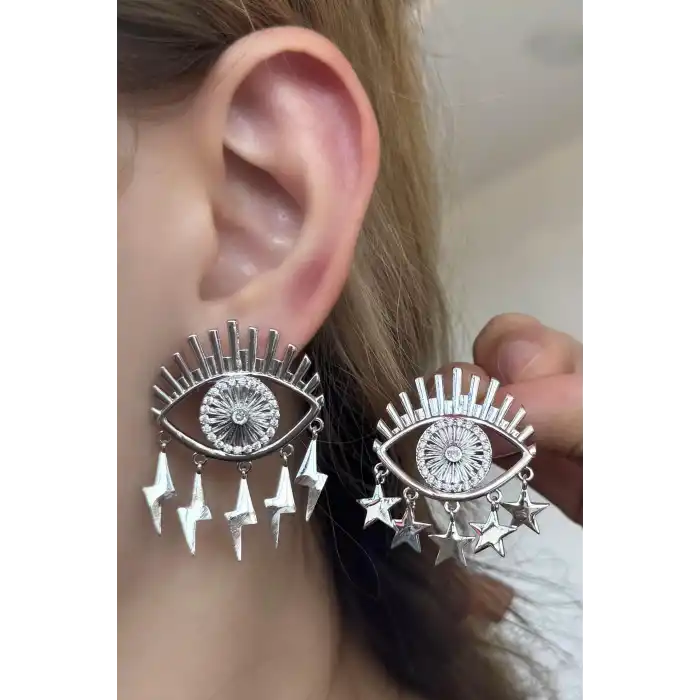 Gümüş Renk Göz Figürlü Taş Detaylı Küpe (Çift)